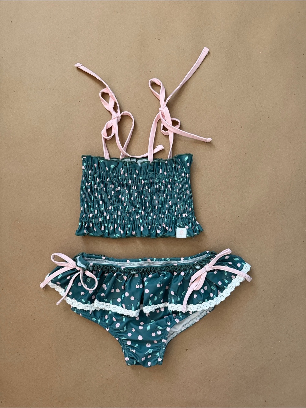SweetHoney Teal Swim Bikini with Pink cherry detail and bows 3T